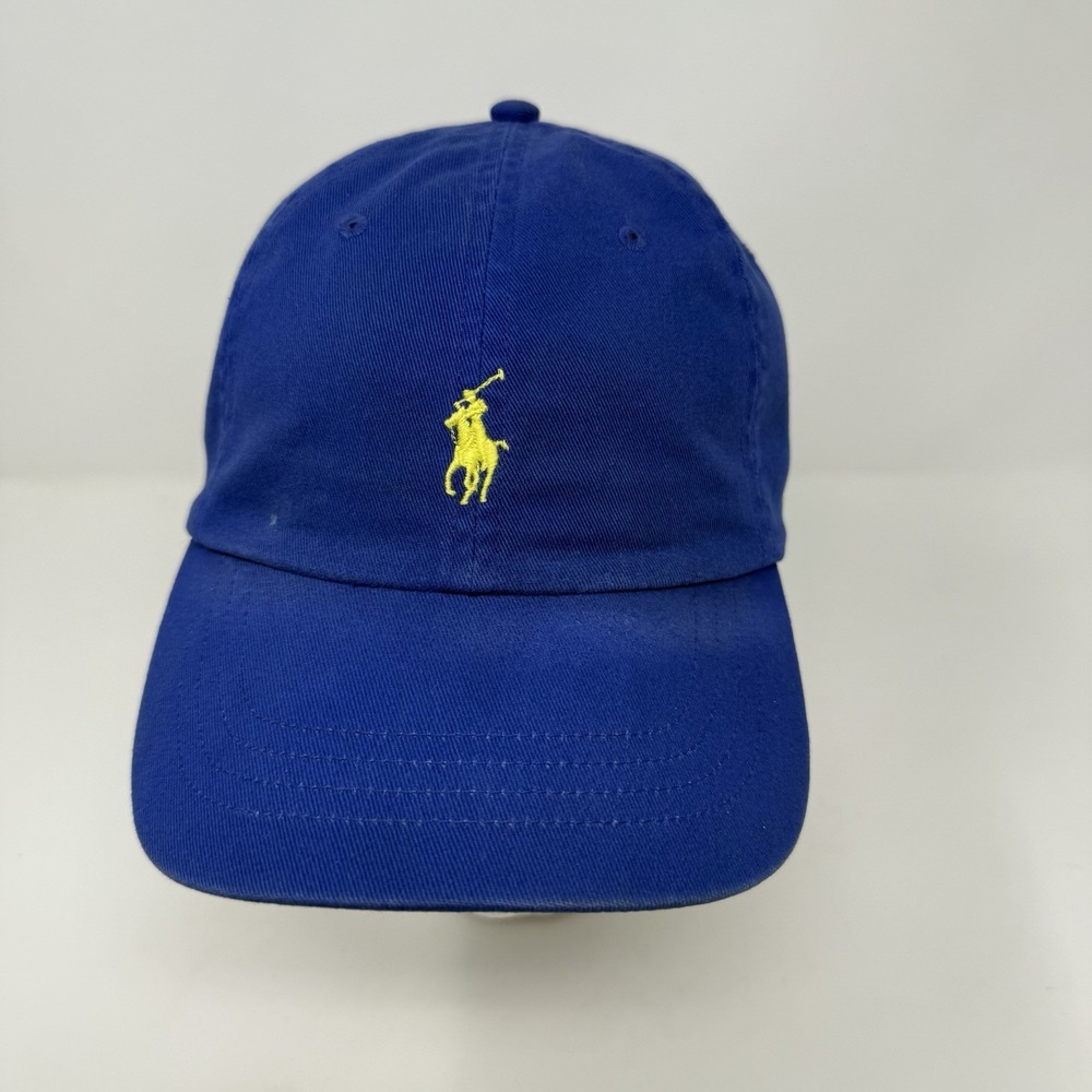 Vintage Polo Ralph Lauren Hat Cap Leather Strap Back Cotton Dad Blue Yellow Pony
